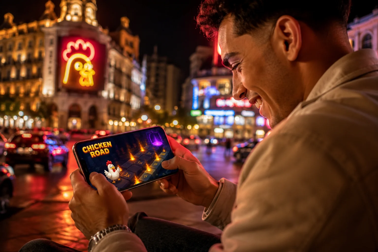 Jugador español usando Chicken Road en smartphone con ambiente urbano nocturno y casino móvil.