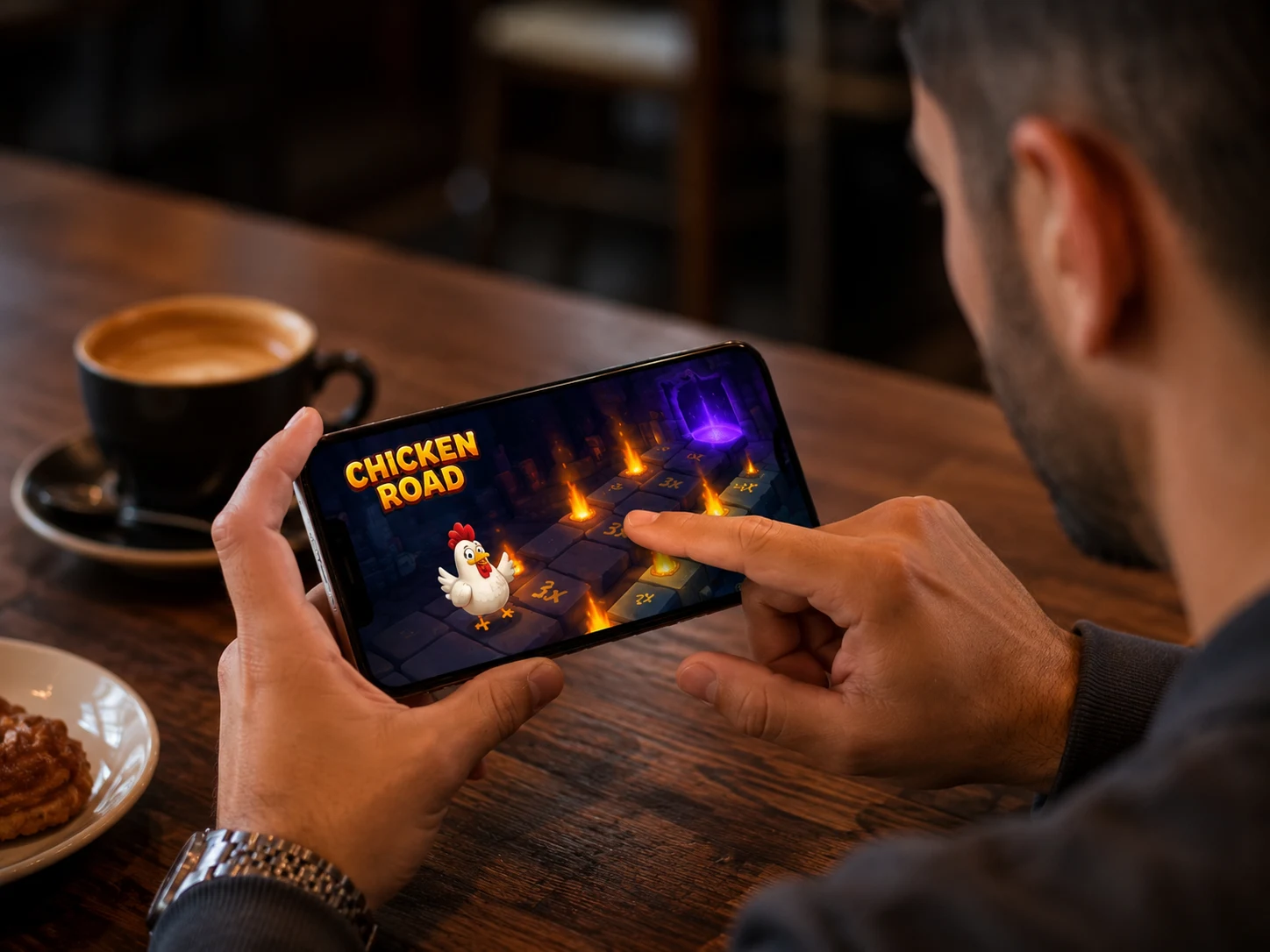 Usuario jugando Chicken Road Game desde móvil en cafetería moderna de España.
